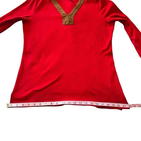 Lauren Ralph Lauren Women's Red Tunic Top L Faux Suede Trim V-Neck - Picture 5 of 13
